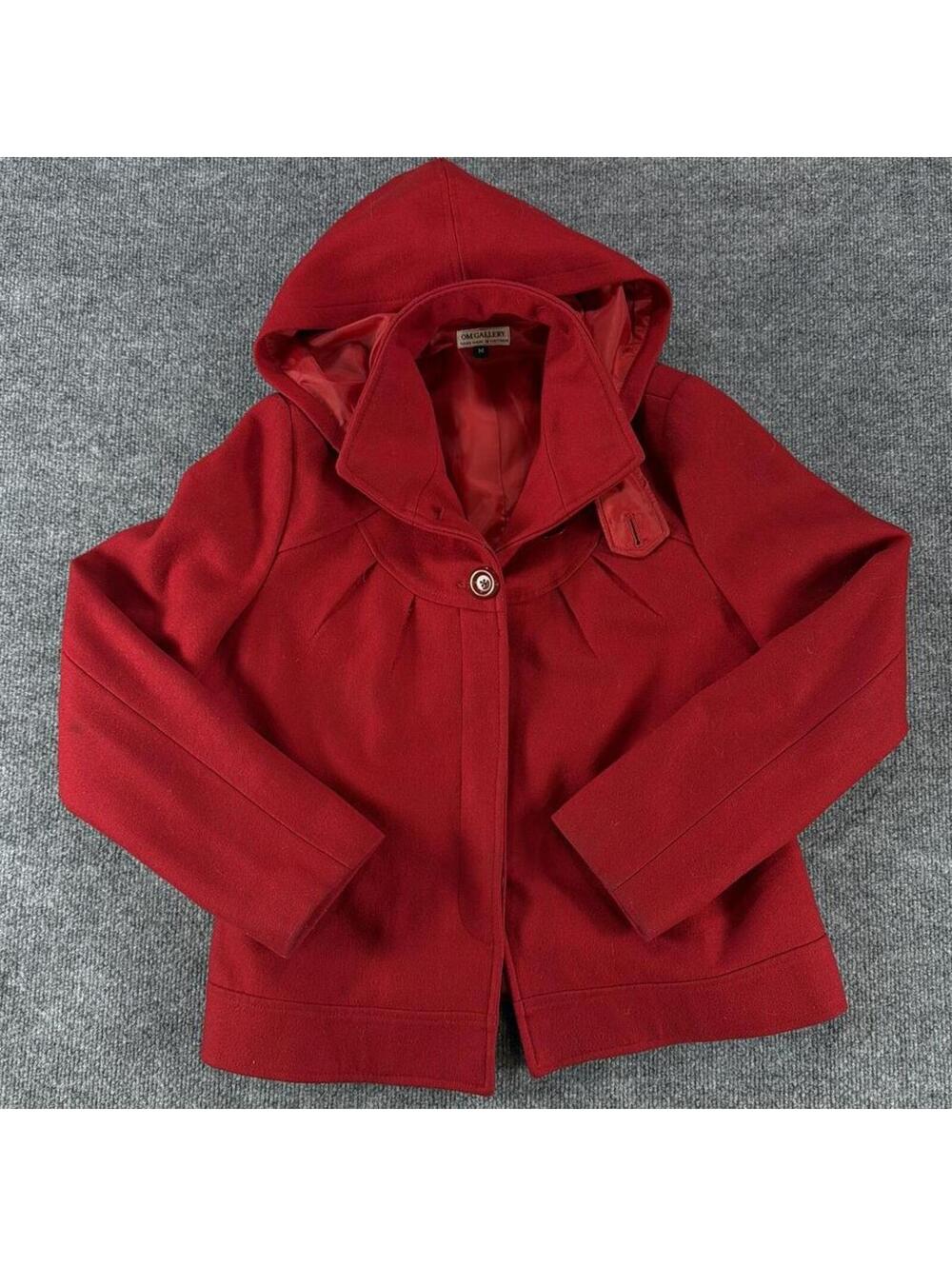 OM Gallery Red Removable Hooded Wool Blend Jacket M Statement, Coat, Fall, Bold